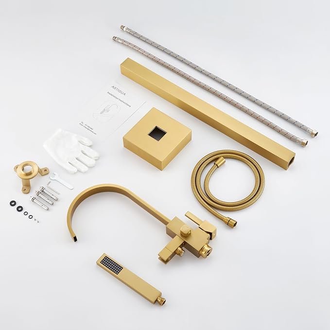 Freestanding Bathtub Faucet Floor Mount Tub Filler Brushed Gold Brass Bathroom - Image 7