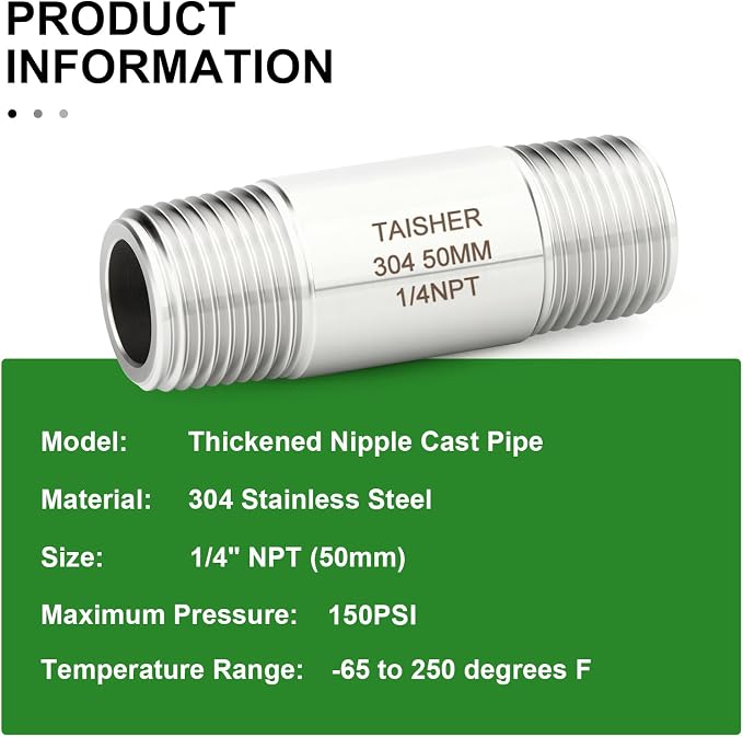 TAISHER 2PCS Stainless Steel Pipe Fittings, 1/4" NPT Male x 1/4" NPT Male - Image 5
