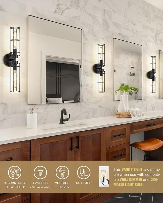 Emak 22 Inch Black Bathroom Light Fixtures Over Mirror, Modern Industrial 2 - Image 2
