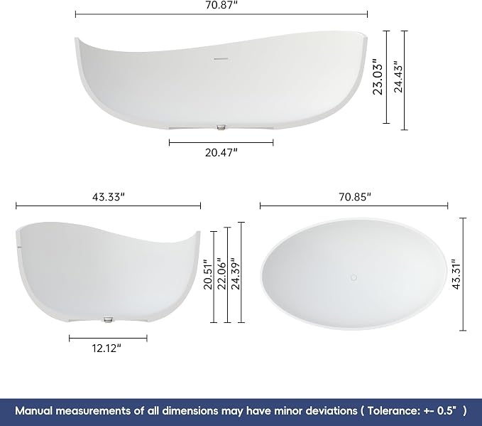 SJ STAR&JANE 71" Solid Surface Freestanding Bathtub, Oval Soaking Stone Resin - Image 7