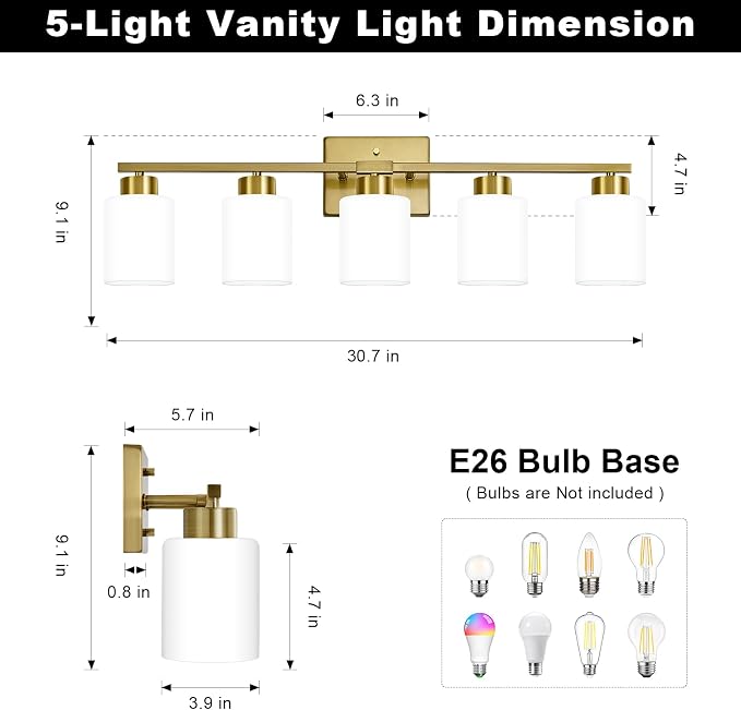 Brushed Gold Bathroom Light Fixtures, 5-Light Modern Vanity Light Over Mirror - Image 2