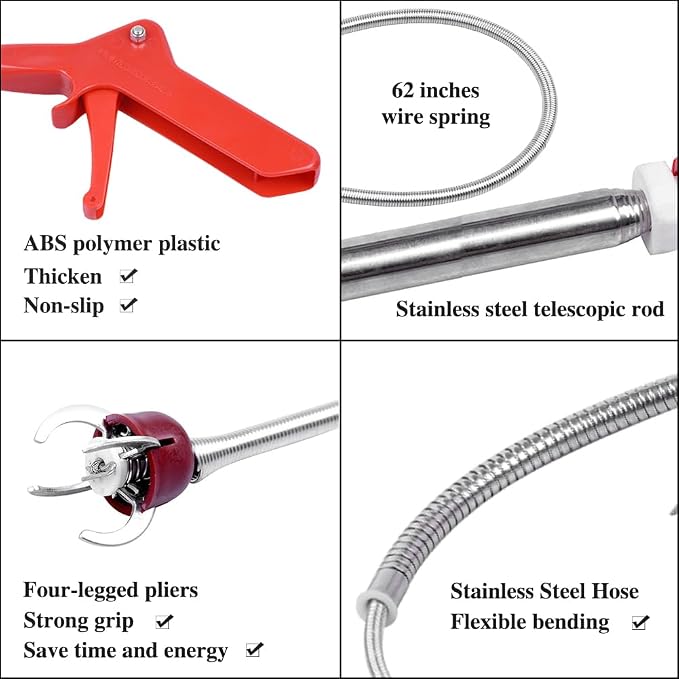 69" Toilet Auger Grabber Tool, Flexible Grabber Unclogging Tool, Four Jaw Pickup - Image 9