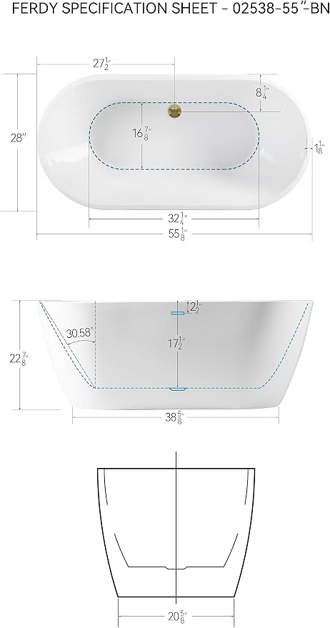 FerdY Bali 55" Freestanding Bathtub, Glossy White Freestanding soaking tub - Image 4