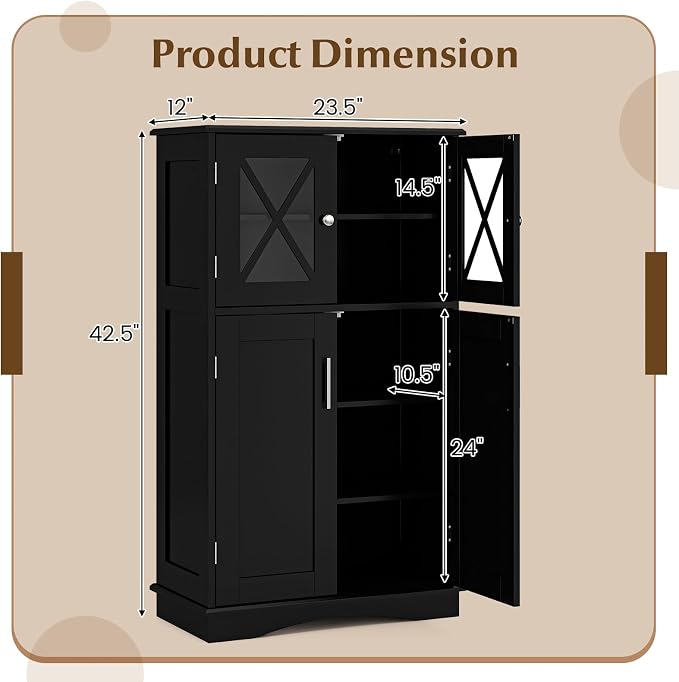 Tangkula Freestanding Floor Cabinet w/2 Glass Doors, 3-Level Adjustable Shelves - Image 3