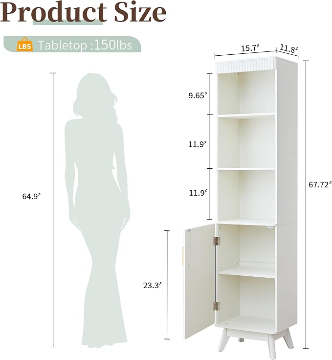 68" Tall Bathroom Storage Cabinet, Narrow Fluted Tower Cabinet - Image 3