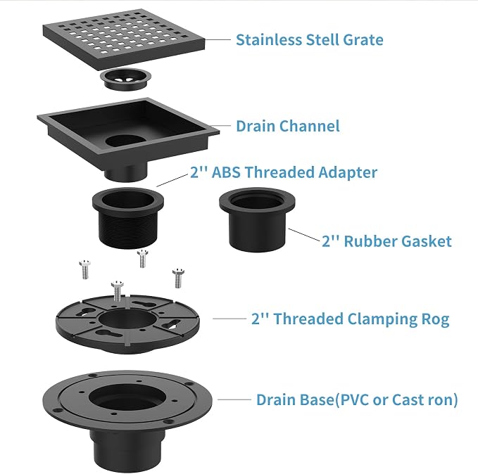6 Inch Square Shower Floor Drain, Brushed Nickel High Flow Shower Drain Kit - Image 3