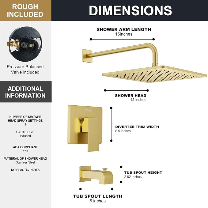 Lava Odoro 12-inch Square Bathtub and Shower Faucet Set Brushed Gold, Shower - Image 4