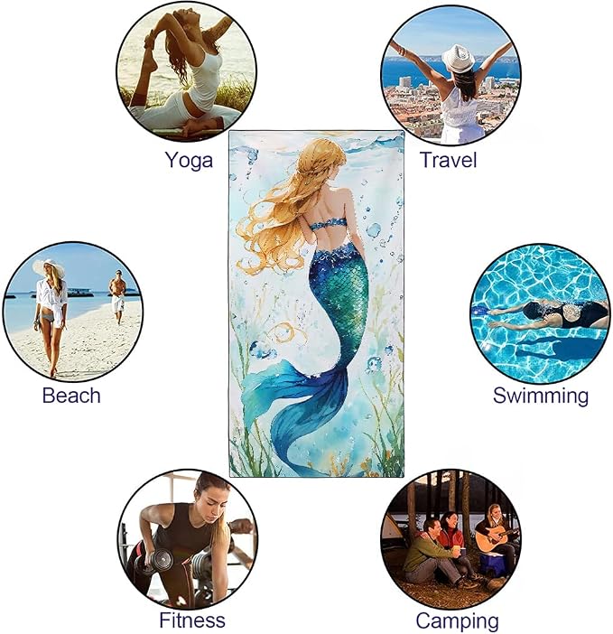 Blue-Green Scallop Mermaid Tail Beach Towel 36"x72" Golden Highlights Quick Dry - Image 4