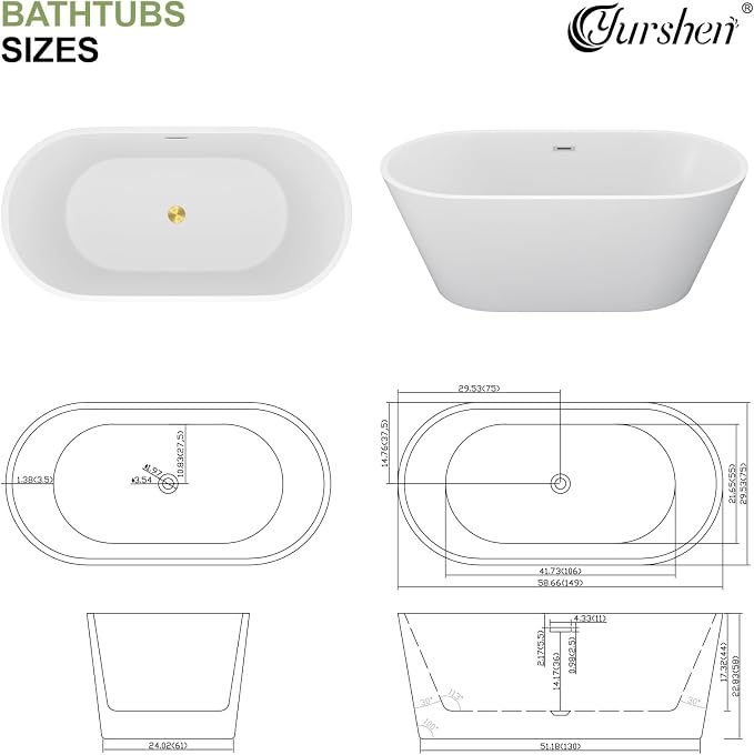 59 Inch Freestanding Acrylic Bathtub White Roll Top Soaking Tub - Image 8