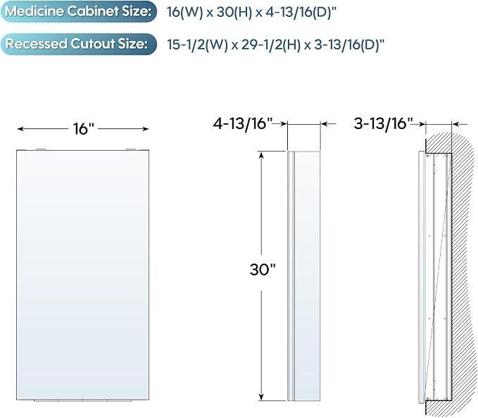 WELLFOR 16" x 30" Bathroom Medicine Cabinet, Anodized Chrome Aluminum Frame - Image 2