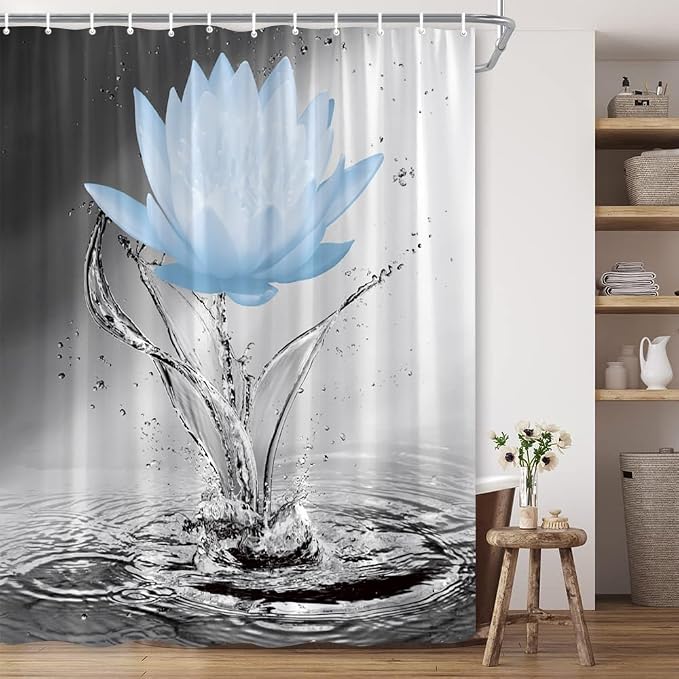 Lotus Shower Curtain Black White Grey Blue Flower Elegant Blooming Floral by showercurtain