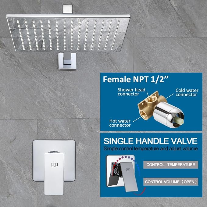 Shower Faucet Set Chrome Rainfall 12“ Rectangle Stainless Steel Shower Head and - Image 5