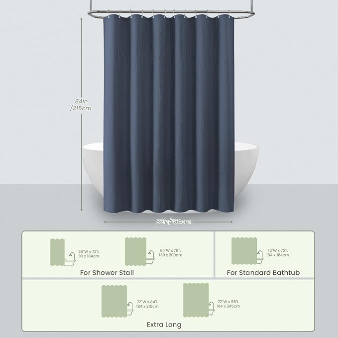 Inhousolu Fabric Shower Curtain Waffle Weave, Weighted Hem, 14 Metal Hooks - Image 6