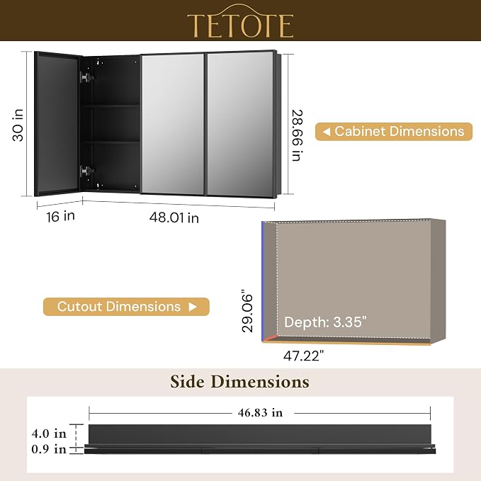 TETOTE 48" x 30" Medicine Cabinet Black Bathroom Mirror - Image 2