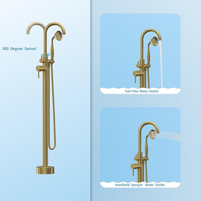 Freestanding Tub Filler Brushed Gold Floor Mount Bathtub Faucet Bathroom - Image 3
