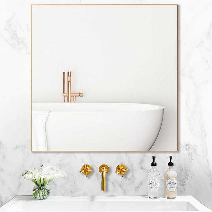 30x30 Inch Gold Bathroom Mirror, Copper-Free Mirror, Aluminum Alloy Frame by LEDLUX