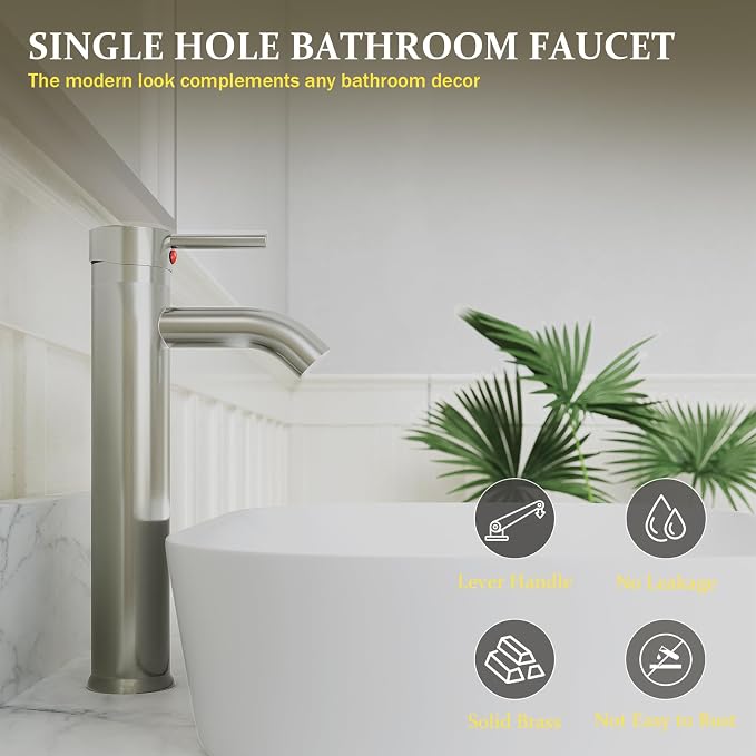 Brushed Nickel Bathroom Faucets, Vessel Sink Faucet Single Hole Single Handle - Image 3
