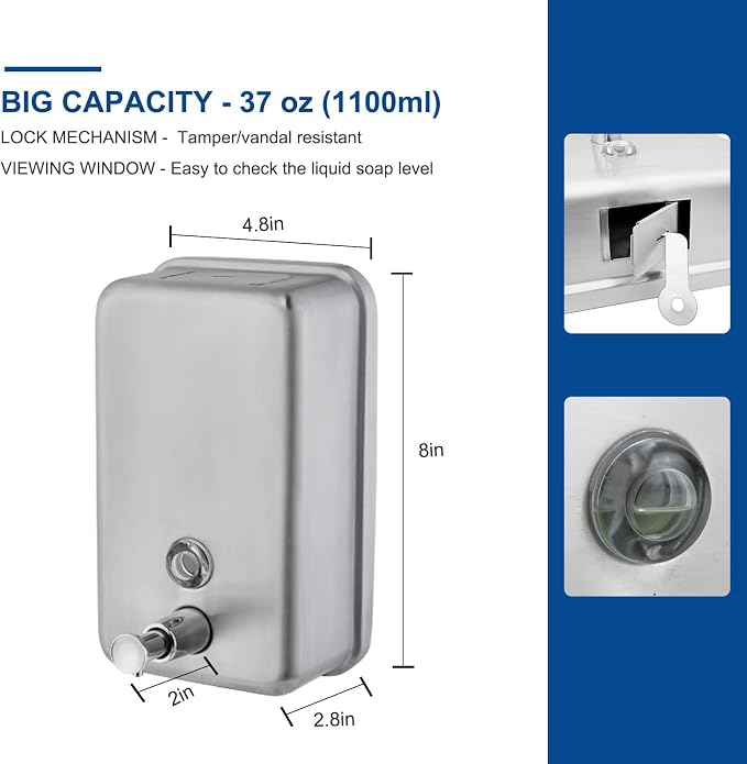 Commercial Wall Mount Stainless Steel Soap Dispenser, Corrosion Proof Lining - Image 5