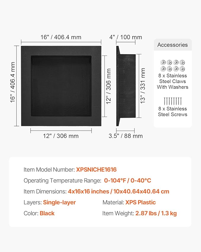 VEVOR Shower Niche, 16-Inch Width x 16-Inch Height x 3.5-Inch Depth Single - Image 7