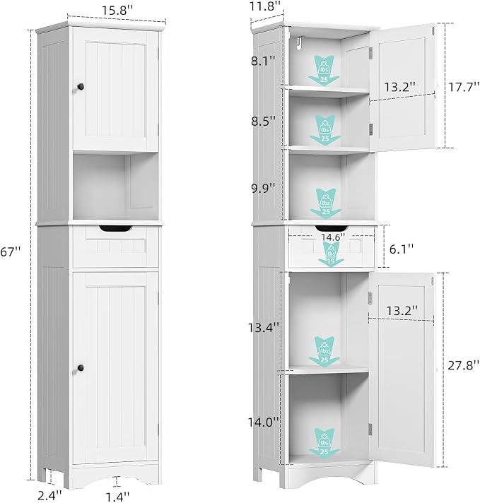 Bealife 67" H Tall Bathroom Storage Cabinet, Tall and Narrow Linen Storage - Image 2