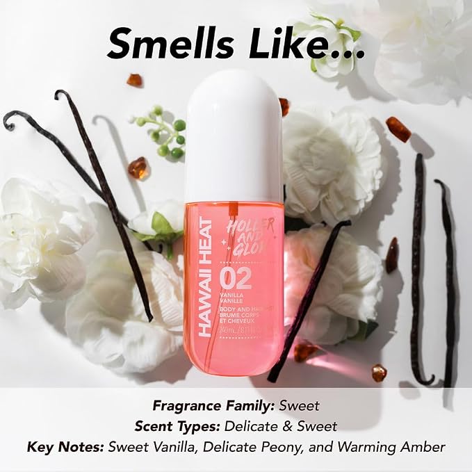 Holler And Glow Hawaii Heat Body & Hair Mist, Warm Vanilla, Peony & Amber Scent - Image 3