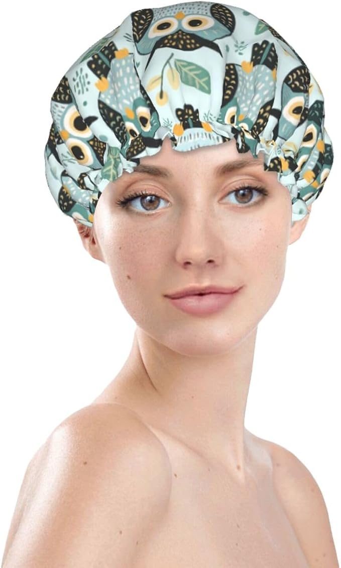 Double Layers Shower Cap for Women Girls, Owl Art Shower Hair Bath Hat Elastic - Image 3