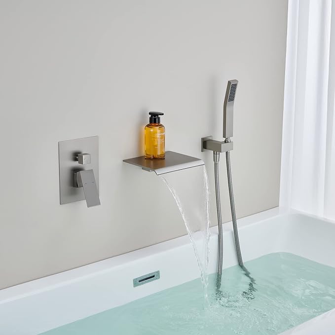 Wall Mount Tub Filler Waterfall Tub Faucet Brushed Nickel Bathtub Faucet Brass - Image 3
