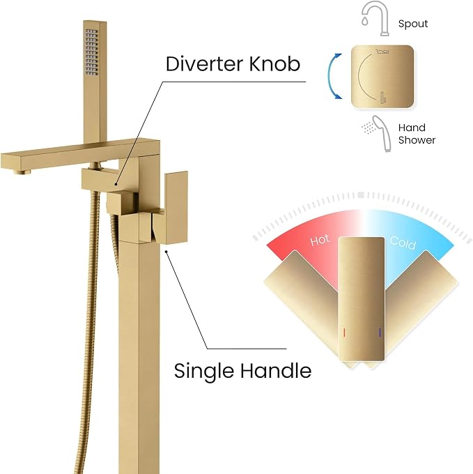 KIBI Cube Brushed Brass Freestanding Bathtub Faucet Floor‑Mounted Brass Tub - Image 7