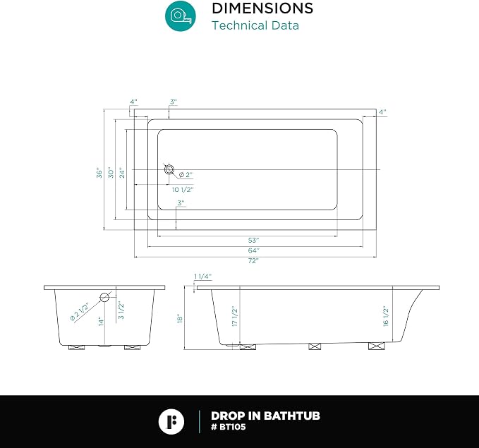 Fine Fixtures Drop In White Soaking Bathtub, Fiberglass Acrylic Material - Image 7
