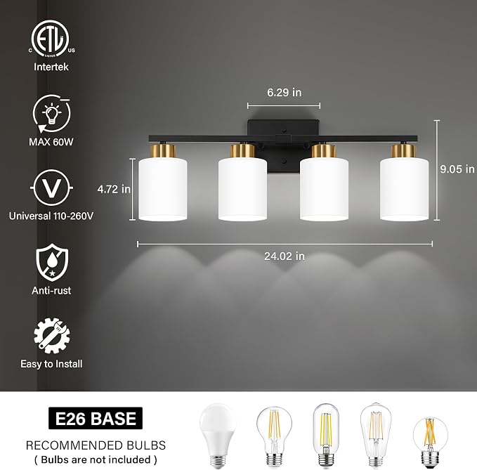 Black and Gold Bathroom Light Fixtures, 4-Light Modern Vanity Light Over Mirror - Image 2