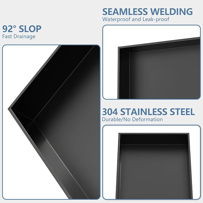 Homevacious Shower Niche 28" X 16" Stainless Steel No Tile Needed Matte Black - Image 5