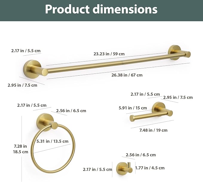Brushed Gold Bathroom Hardware Set 4 Piece Towel bar Set, Towel Rack - Image 2