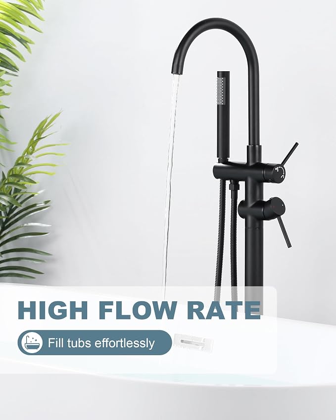 Freestanding Bathtub Faucet Matte Black: Floor Mount Tub Filler, High Flow - Image 3