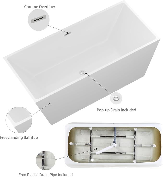 Logmey 67 Inch Bathtub White Acrylic Freestanding Rectangle Deep Soaking Tub - Image 7