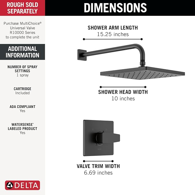 Delta Modern 14 Series Square Rain Shower Faucet Set, Matte Black Shower Head - Image 3