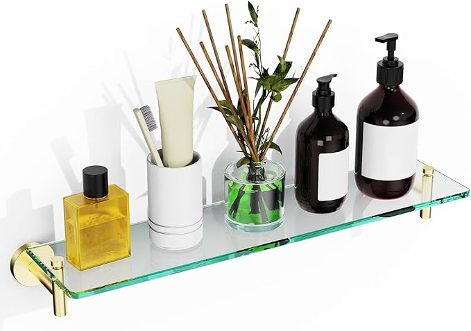 Glass Shelves for Bathroom, 20-Inch Brushed Gold Floating Bathroom Shelf - Image 2