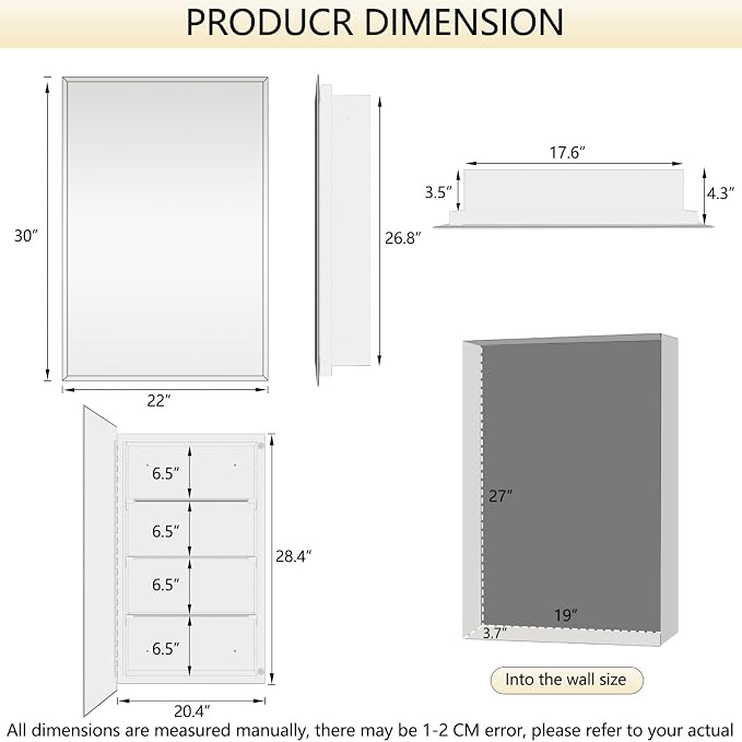Bathroom Medicine Cabinet with 22x30 in Rectangular Beveled Frameless Mirror - Image 2
