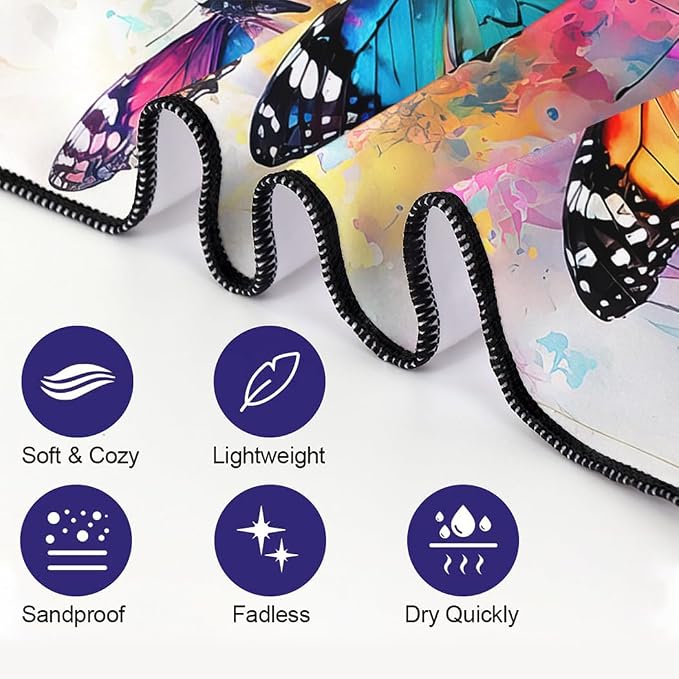 Artistic Watercolor Butterfly Beach Towel 36"x72" Quick-Dry Soft Microfiber - Image 2