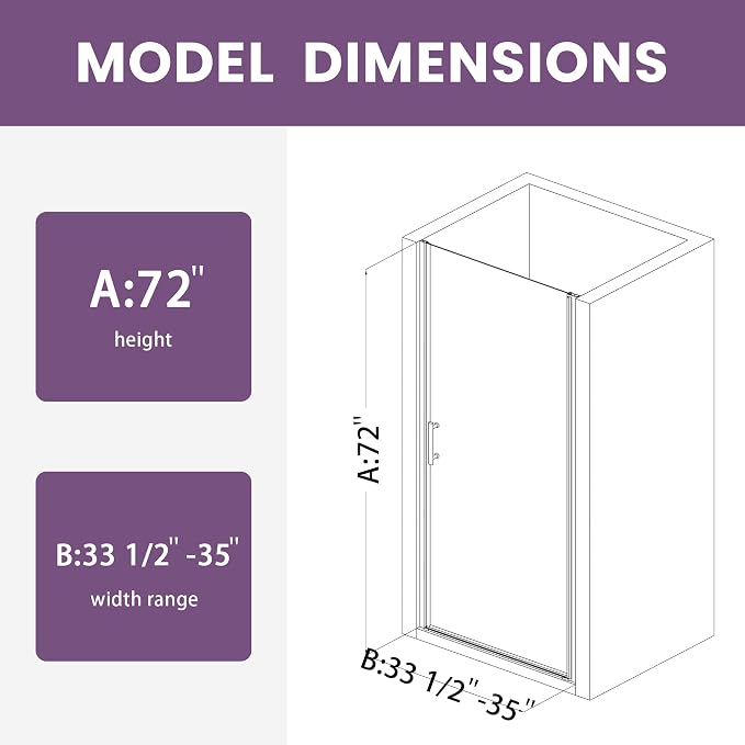Glass Shower Door 33.5-35" W x 72" H, Semi-Frameless Pivot Shower Door - Image 9