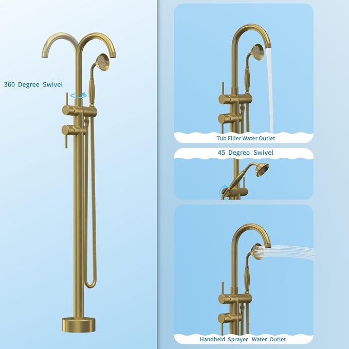 Freestanding Bathtub Faucet, Tub Filler Floor Mount Stand Bathtub Faucet Brass - Image 4