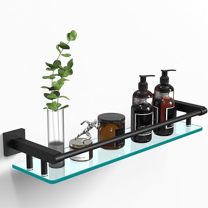 Bathroom Glass Shelf 20IN Rectangular Stainless Steel Tempered Glass Shelves by SFGSOWOR