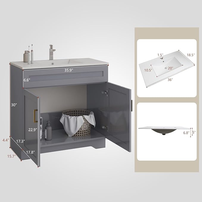Bathroom 36" Vanity with Ceramic Sink, Wooden Double Door Bathroom Storage - Image 4