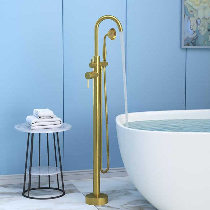Freestanding Tub Filler Brushed Gold Floor Mount Bathtub Faucet Bathroom - Image 2