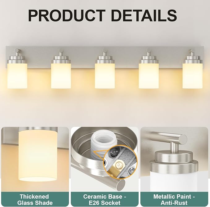 IZORRO Bathroom Vanity Light Fixture, 5-Light 36 Inch Brushed Nickel Bathroom - Image 3