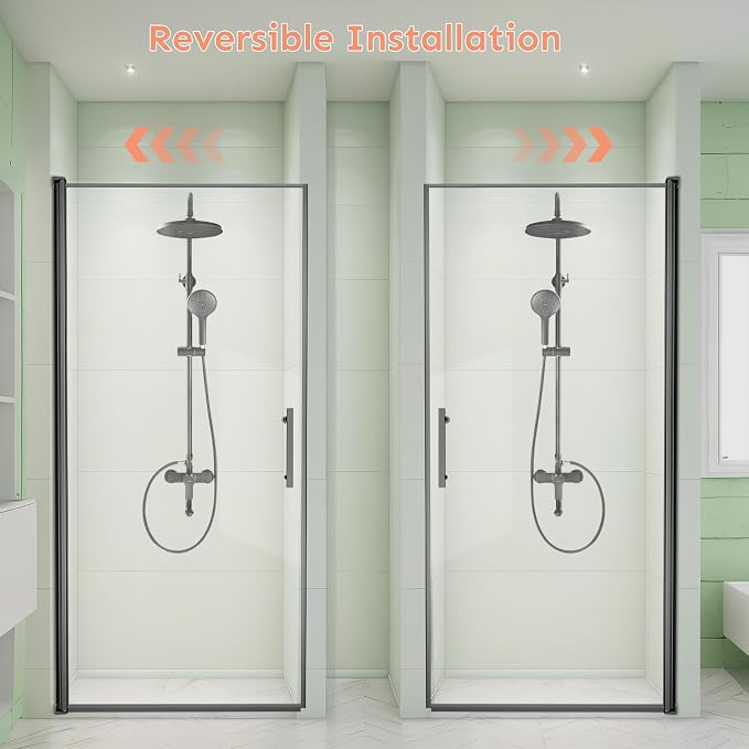 34" Wx72 H Frameless Reversible Pivot Shower Door, 1/4" Clear SGCC Tempered - Image 7