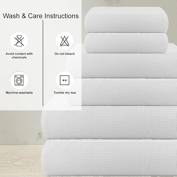 CASA COPENHAGEN Waffle Towel, 6Pieces 100% Cotton Large Towel Set- White - Image 3