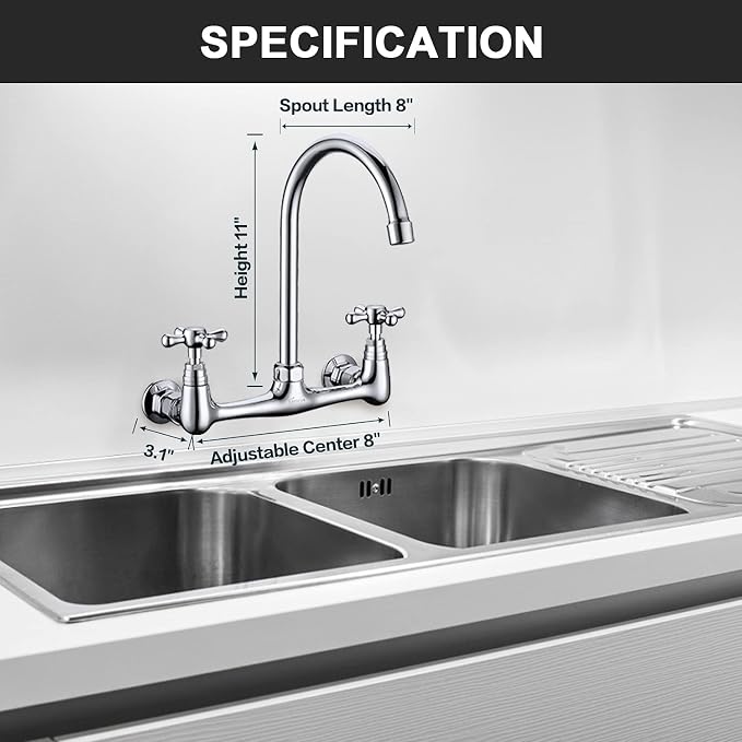 Commercial Brass Wall Mount Faucet, 2 Handles, 8 Inches Center, 360 Swivel - Image 5