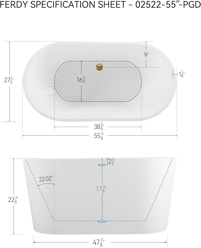 FerdY Shangri-La 55" Acrylic Freestanding Bathtub, Ergonomic Lightweight - Image 7