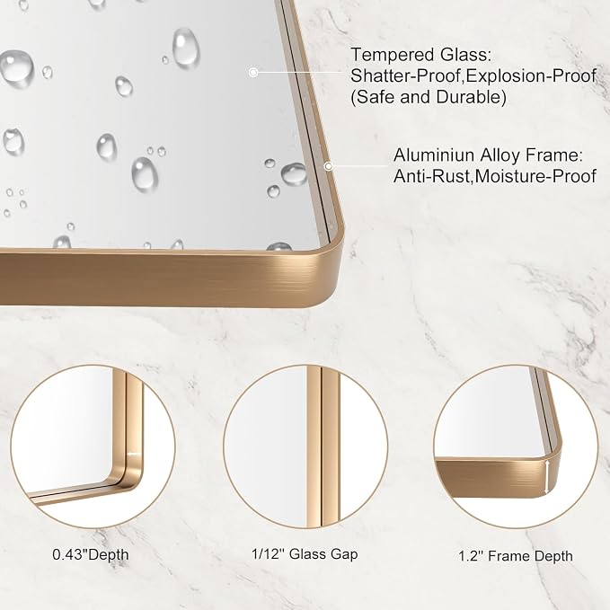 LOAAO 60”X36” Gold Bathroom Mirror, Rounded Rectangle Gold Frame Mirror - Image 5