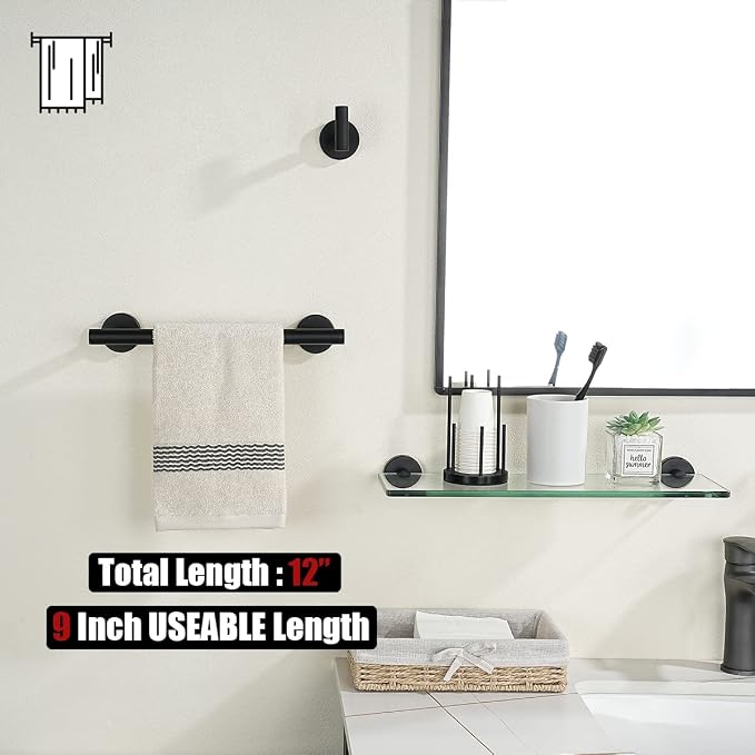 JQK Black Towel Bar, 12 Inch 304 Stainless Steel Thicken 0.8mm Hand Towel Rack - Image 3